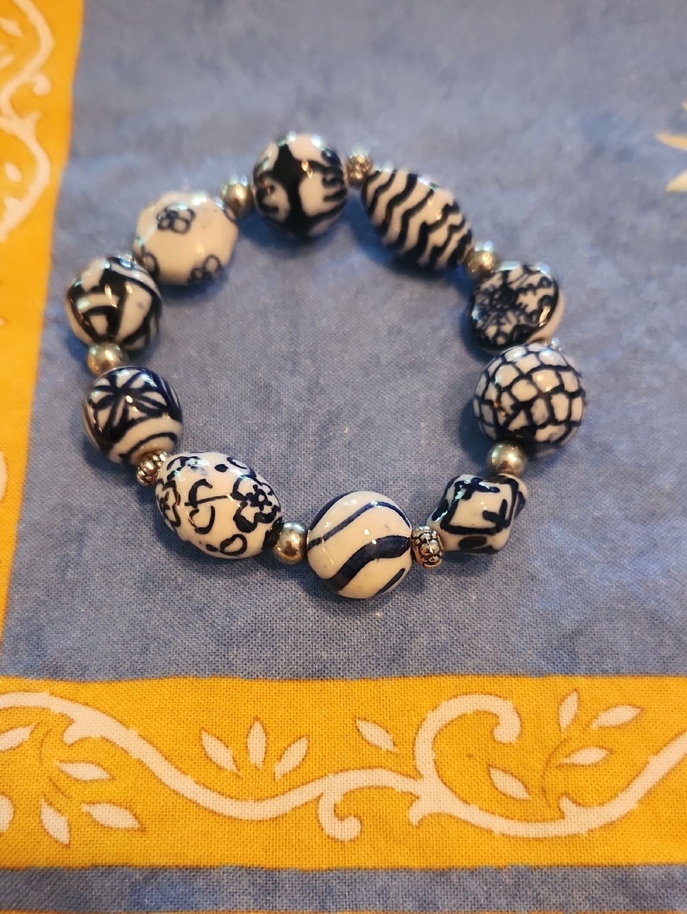 Blue and White Ceramic Beaded Stretch Bracelet - Brand